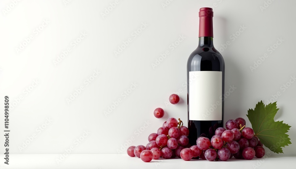Obraz premium A red wine bottle with grapes and a green leaf