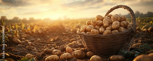 Basket overflowing with potatoes on the ground, sunlight casting a warm glow, surrounded by fields of potatoes in the background photo