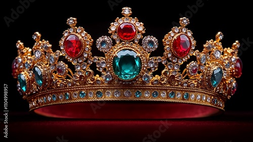 Ornate gold crown with rubies, emeralds, and diamonds on a red velvet base.