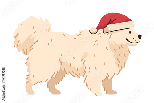 Dog wearing Santa hat Christmas theme cute fluffy canine side view holiday design photo