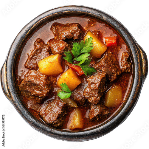 Traditional homemade beef stew goulash with potatoes and vegetables in a rustic pot, Beef stew traditional homemade goulash isolated on transparent background