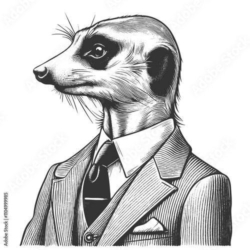 meerkat businessman wearing a suit and tie, a humorous anthropomorphic business portrait sketch engraving generative ai vector illustration. Scratch board imitation. Black and white image.