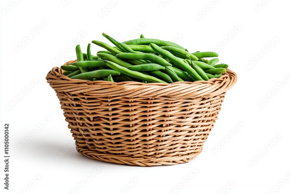Freshly Harvested Green Beans in Woven Basket Freshly Harvested Green Beans in Woven Basket