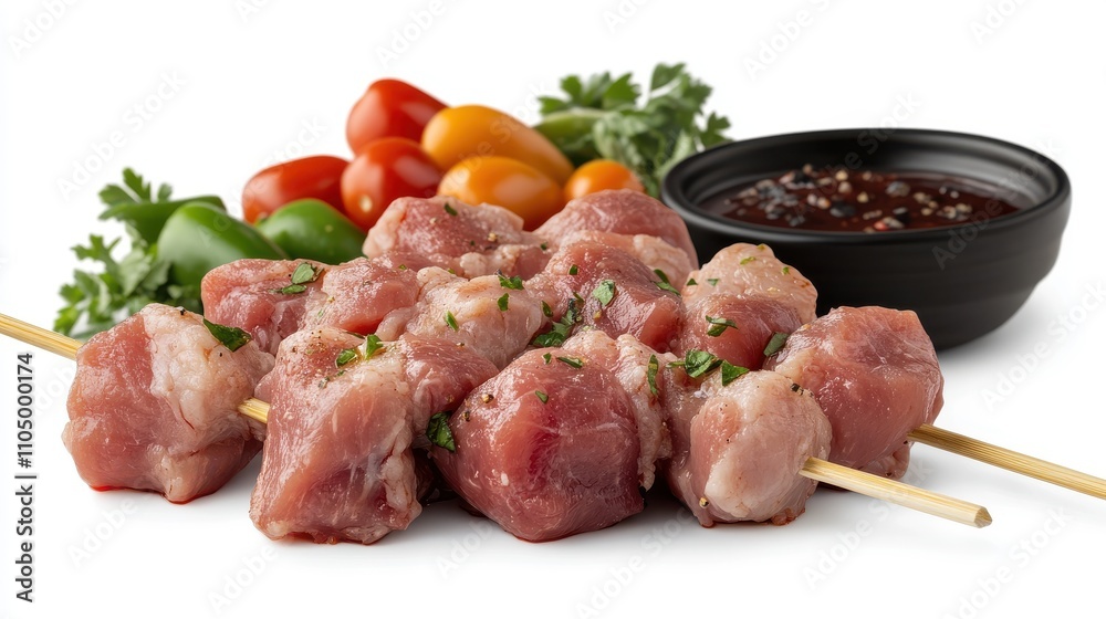Fresh Meat Skewers Ready for Grilling with Vegetables Fresh Meat Skewers Ready for Grilling with Vegetables