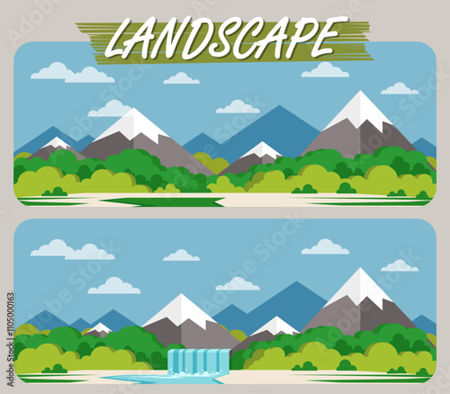 Cartoon flat panorama of spring summer beautiful nature, green grasslands, forest, scenic waterfall, mountains on horizon background. landscape vector illustration