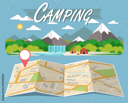 Cartoon flat panorama of spring summer beautiful nature with Base camp and map.Green grasslands, forest, scenic waterfall, mountains.