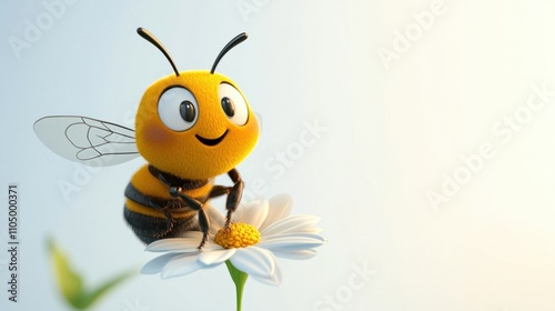 Adorable 3D cartoon bee resting on a small flower, with a content expression, on a white background