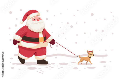 Santa walking dog winter snow scene cheerful holiday theme with Santa Claus in red suit and small dog wearing hat on leash snowy background photo