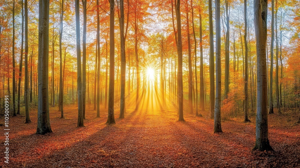 Fototapeta premium Sunbeams Illuminate Autumnal Forest Pathway