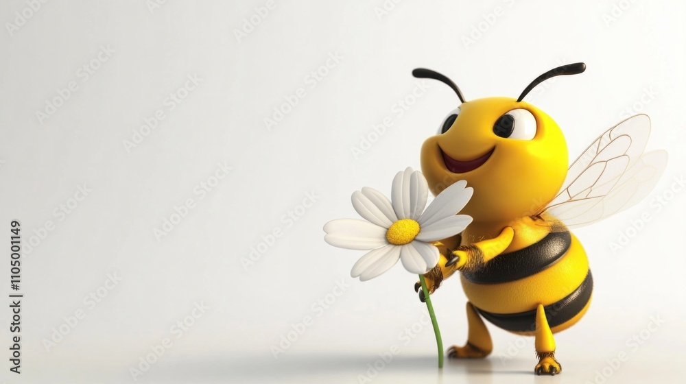 Obraz premium Cute 3D cartoon bee carrying a flower, with a joyful expression, isolated on white