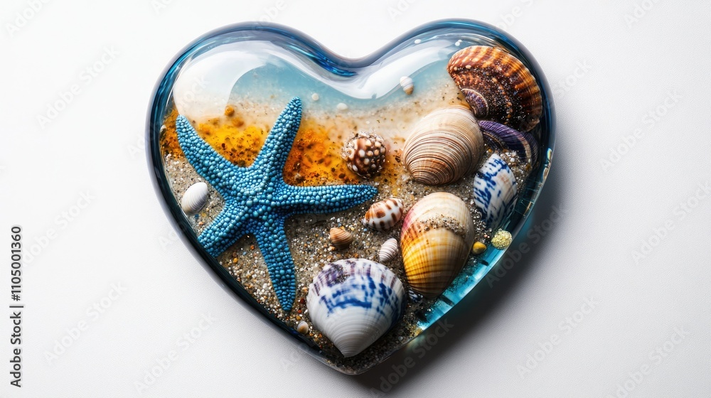 A heart-shaped glass artwork featuring a realistic beach scene with shimmering sand, vibrant shells, and a blue starfish. The bright, vivid tones are enhanced by a light gray surface A heart-shaped glass artwork featuring a realistic beach scene with shimmering sand, vibrant shells, and a blue starfish. The bright, vivid tones are enhanced by a light gray surface
