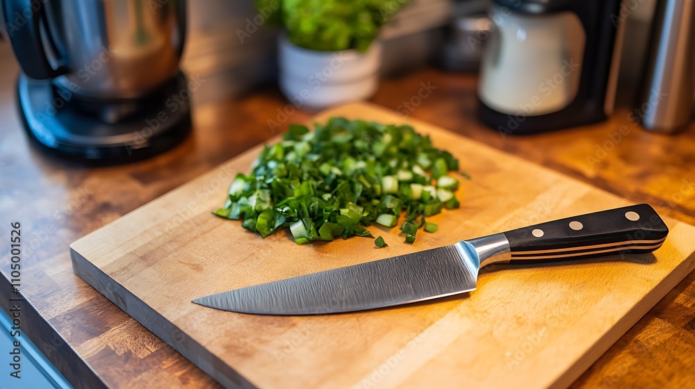 A well-organized kitchen desk area with a cutting board, knife, and fresh ingredients, ready for meal prep A well-organized kitchen desk area with a cutting board, knife, and fresh ingredients, ready for meal prep