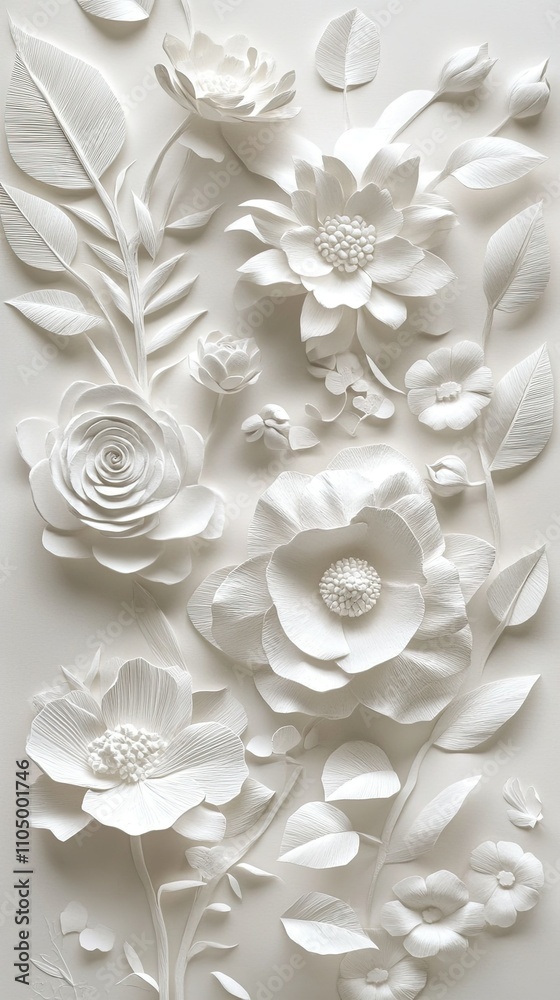 A high-detail 3D collage of embossed flowers and leaves, crafted from sculpted paper in a white color palette. The soft shading adds dimension and elegance to the minimalist design. A high-detail 3D collage of embossed flowers and leaves, crafted from sculpted paper in a white color palette. The soft shading adds dimension and elegance to the minimalist design.