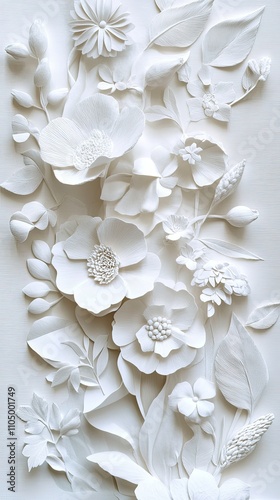 A high-detail 3D collage of embossed flowers and leaves, crafted from sculpted paper in a white color palette. The soft shading adds dimension and elegance to the minimalist design.