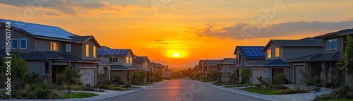 Residential urban neighborhood with solar panels on rooftops, glowing under the fading light of a beautiful sunset