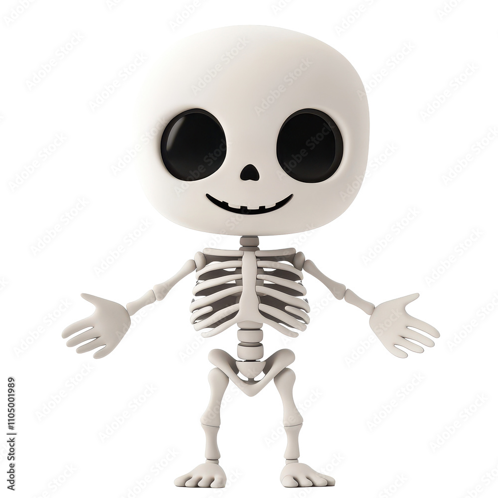Cartoon boy in skeleton disguise standing alone with a playful expression against a transparent background, 3D cartoon boy disguised as skeleton, isolated on transparent background