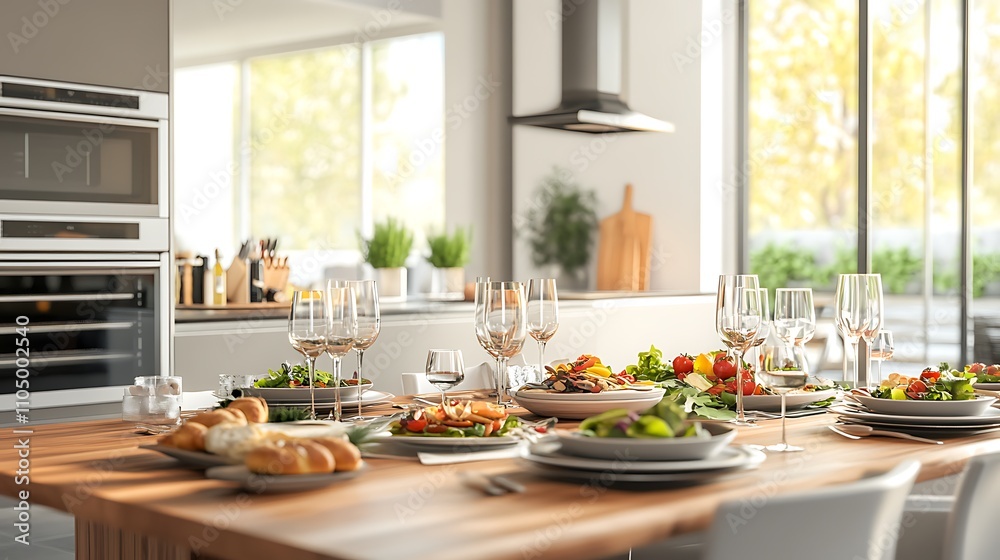A beautifully set dining table in a modern kitchen, with an array of dishes, including fresh salads, bread, and wine glasses A beautifully set dining table in a modern kitchen, with an array of dishes, including fresh salads, bread, and wine glasses