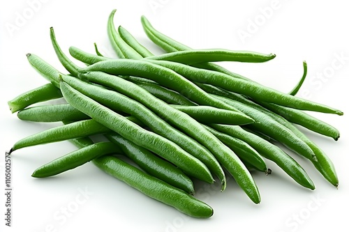 A pile of fresh green beans arranged on a white background.