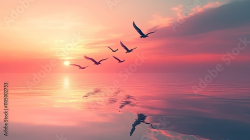 A hyper-realistic image of birds flying in a perfect V formation, silhouetted against a soft pink and orange morning sky, captured with a 28 mm lens for a minimalistic wide-angle view.