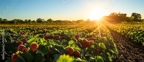Strawberry field with fresh red strawberries growing in the foreground, glowing under sunlight and set against a clear blue sky