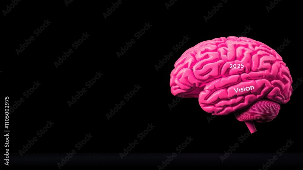 2025 goal setting vision. Bright pink brain on black background 2025 goal setting vision. Bright pink brain on black background
