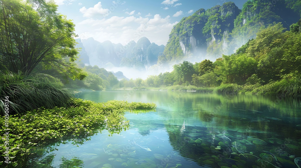 A serene river flowing through a lush green valley with mountains in the background. A serene river flowing through a lush green valley with mountains in the background.