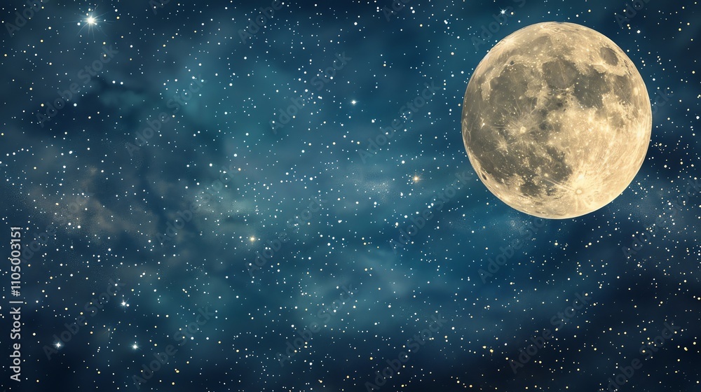 A night sky full of stars and a large, bright moon. A night sky full of stars and a large, bright moon.