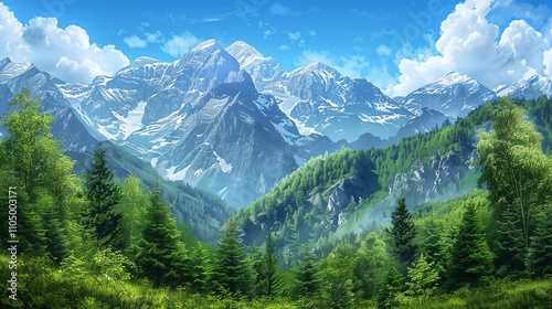 A scenic view of snow-capped mountains with green trees in the foreground.