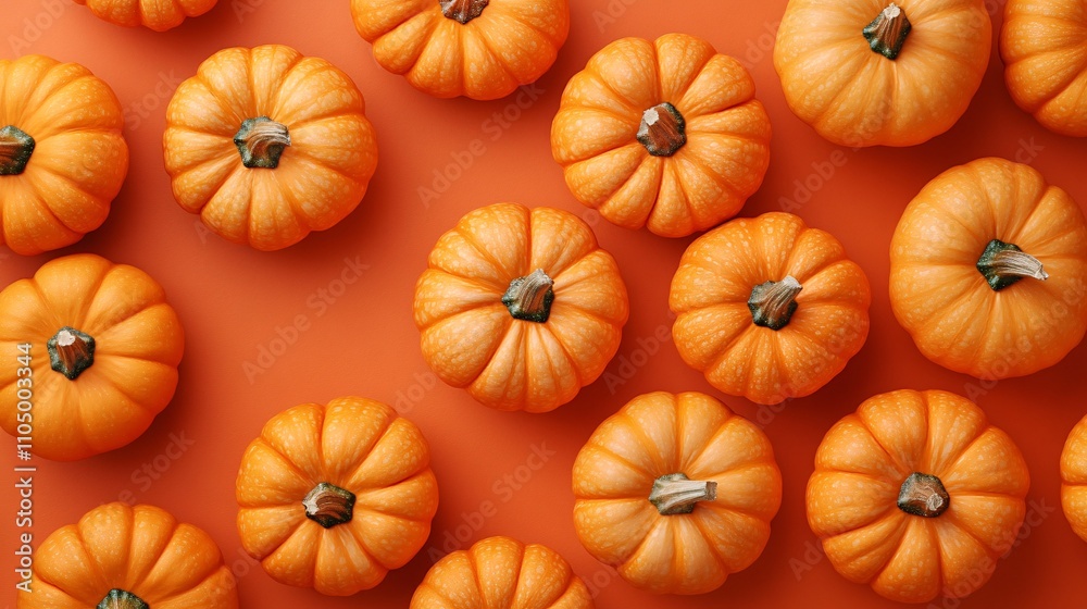 Cluster of small orange pumpkins placed randomly on an orange surface, top-down flat lay with soft lighting. Cluster of small orange pumpkins placed randomly on an orange surface, top-down flat lay with soft lighting.