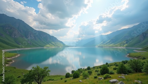 Lake view with mountain backdrop and blue sky photo