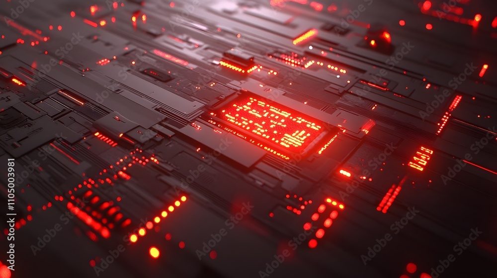 Abstract futuristic circuit board with glowing red lines and components. Abstract futuristic circuit board with glowing red lines and components.
