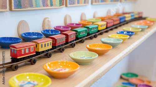 Wallpaper Mural Colorful Wooden Toy Train on Shelf with Bowls and Art Background Torontodigital.ca