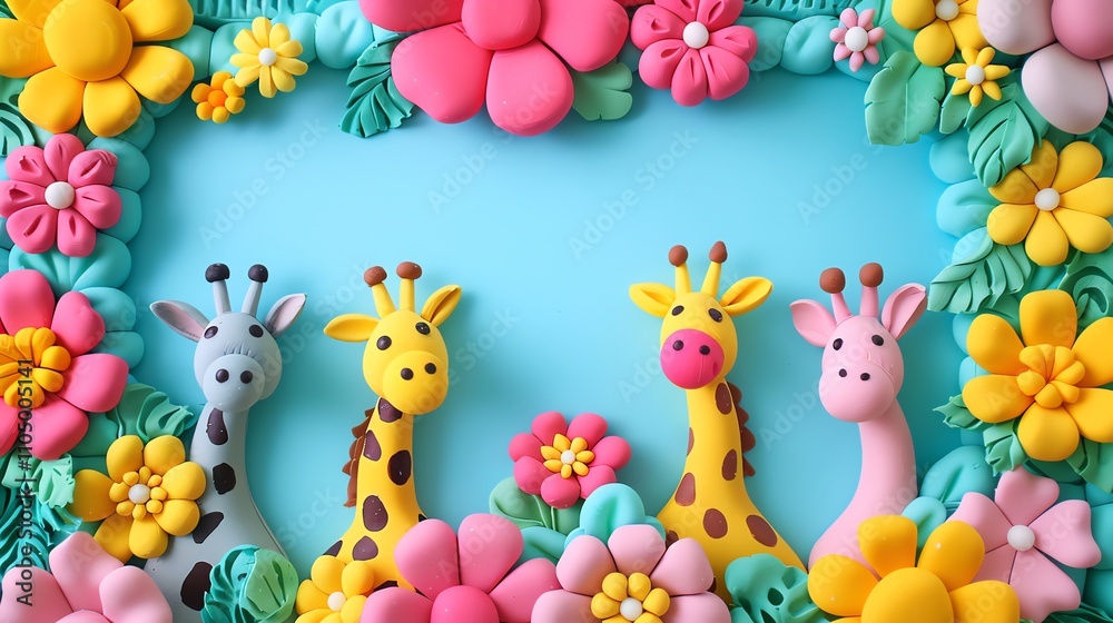 Four colorful clay giraffes peeking out of a frame made of clay flowers. Four colorful clay giraffes peeking out of a frame made of clay flowers.