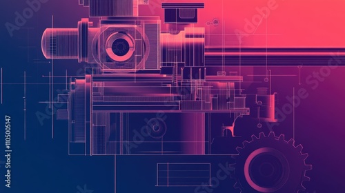 A minimalist PPT cover slide with a working machine blueprint in the background, accented by gradient overlays and ample space for title and subtitle text, in a wide design.