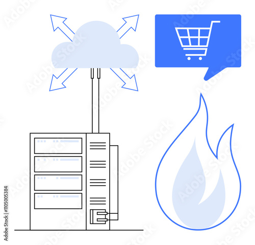 Server connected to cloud with arrows, shopping cart in blue speech bubble, and blue fire flame. Ideal for cloud computing, data backup, e-commerce, cybersecurity, disaster recovery, IT management