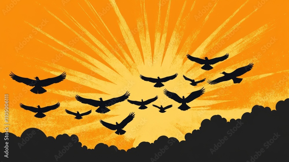 A minimalistic yet dramatic hyper-real image of a V formation of birds silhouetted against a bold, golden sunburst breaking through scattered morning clouds, captured with precise detail. A minimalistic yet dramatic hyper-real image of a V formation of birds silhouetted against a bold, golden sunburst breaking through scattered morning clouds, captured with precise detail.