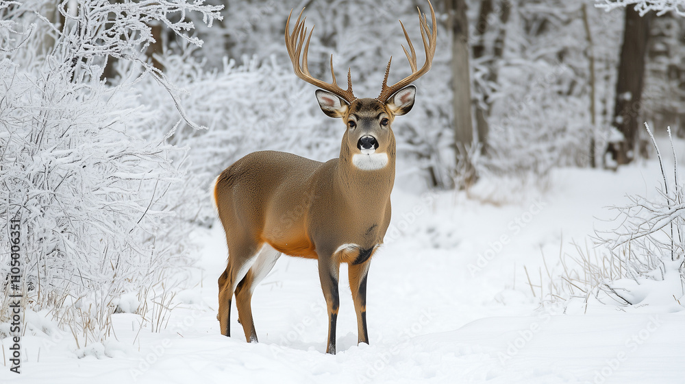 A large deer with beautiful branching antlers stands in the middle of a snow-covered forest, Ai generated images A large deer with beautiful branching antlers stands in the middle of a snow-covered forest, Ai generated images