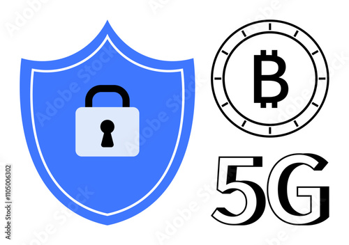 Blue shield with lock representing digital security, Bitcoin symbol indicating cryptocurrency, and 5G text denoting advanced connectivity. Ideal for cybersecurity, blockchain, technology, finance