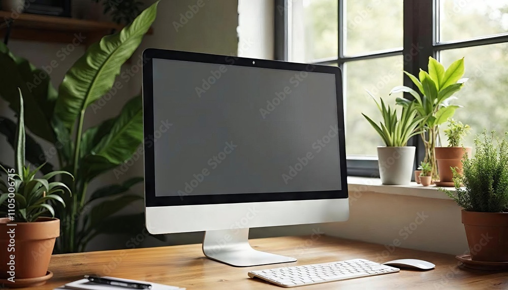 Office desk featuring monitor, keyboard, and mouse in a quiet environment Office desk featuring monitor, keyboard, and mouse in a quiet environment