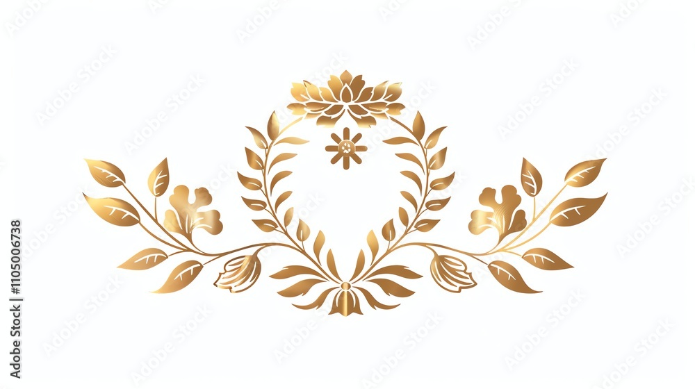A gold floral design with a center flower and leaves. A gold floral design with a center flower and leaves.