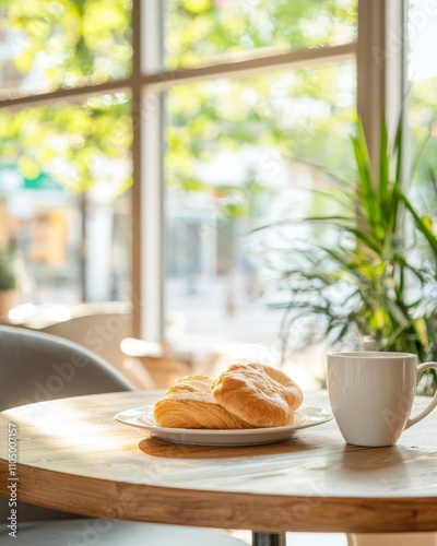 Fresh pastries and coffee on a wooden table beside a bright window.