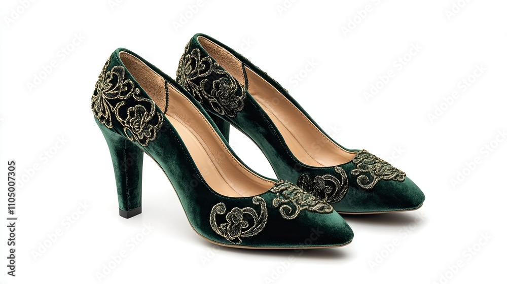 A pair of elegant high heels in deep emerald green velvet, featuring a block heel and intricate gold accents, isolated on a pristine white background. A pair of elegant high heels in deep emerald green velvet, featuring a block heel and intricate gold accents, isolated on a pristine white background.