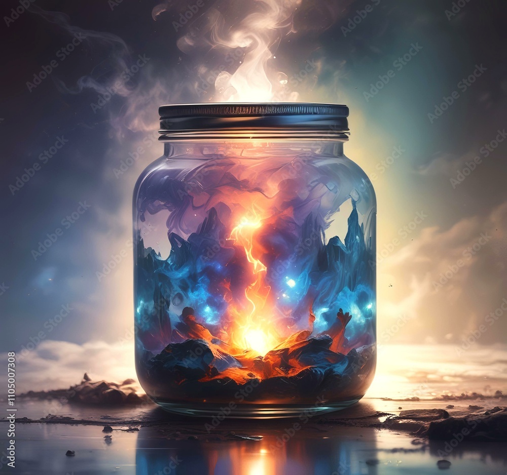 Illustration of glowing and magic dramatic smoke in jar with water reflection. Illustration of glowing and magic dramatic smoke in jar with water reflection.
