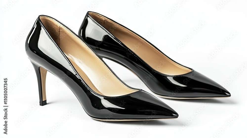 A pair of sleek black stiletto high heels with a glossy finish and pointed toes, elegantly displayed against a clean white background. A pair of sleek black stiletto high heels with a glossy finish and pointed toes, elegantly displayed against a clean white background.