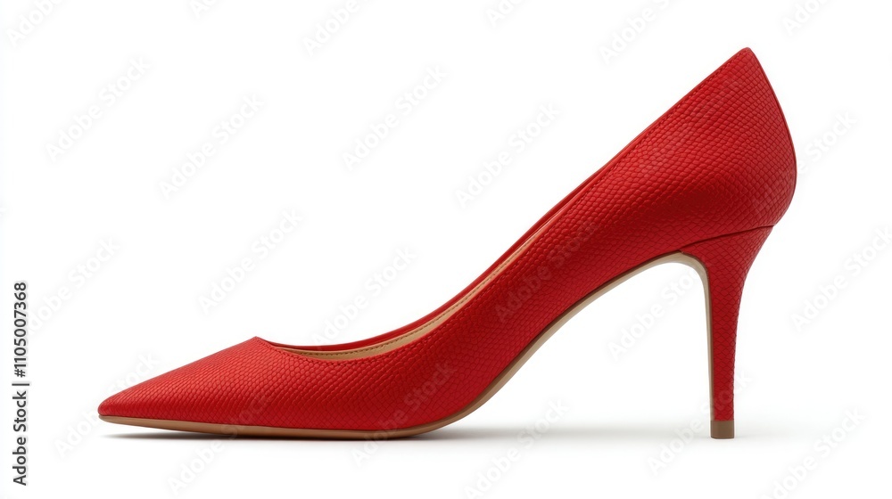 A pair of vibrant red high heels with a classic pump design, featuring a subtle textured surface and a sharp silhouette on a pure white background. A pair of vibrant red high heels with a classic pump design, featuring a subtle textured surface and a sharp silhouette on a pure white background.