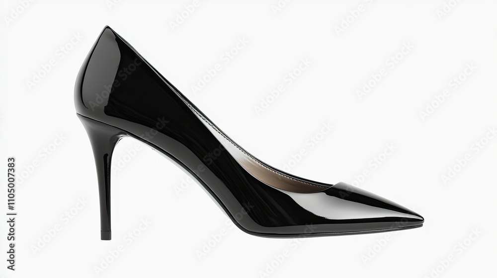A pair of sleek black stiletto high heels with a glossy finish and pointed toes, elegantly displayed against a clean white background. A pair of sleek black stiletto high heels with a glossy finish and pointed toes, elegantly displayed against a clean white background.