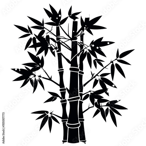 Bamboo Silhouette Vector : Elegant black and white illustration of a bamboo plant, showcasing its graceful stalks and lush leaves. Ideal for adding a touch of serenity and nature to your designs. 