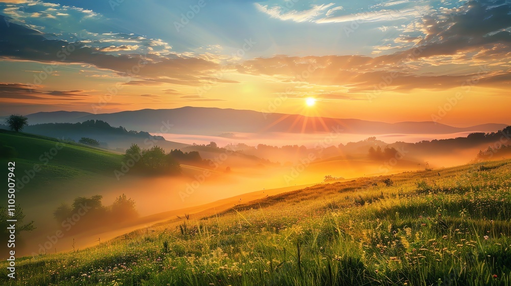 Obraz premium A scenic view of a sunrise over a valley and fields with fog in the distance.