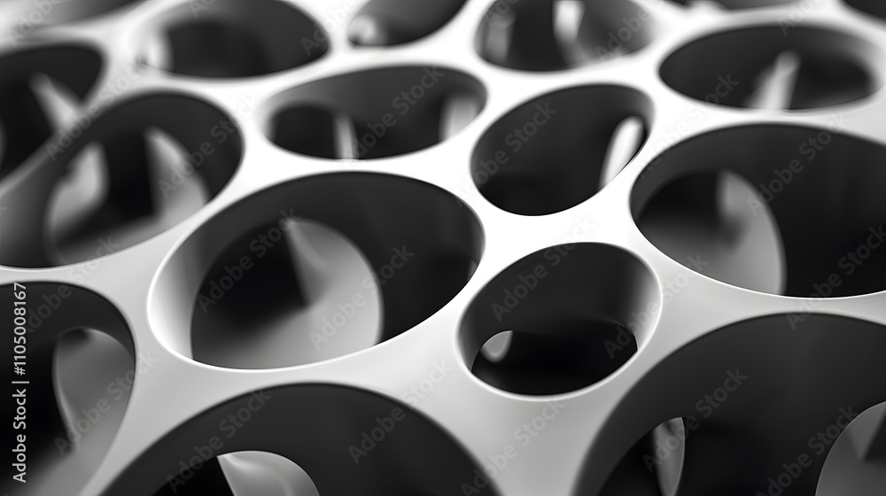 Abstract grayscale image of interconnected circular forms creating a complex three-dimensional structure. Abstract grayscale image of interconnected circular forms creating a complex three-dimensional structure.