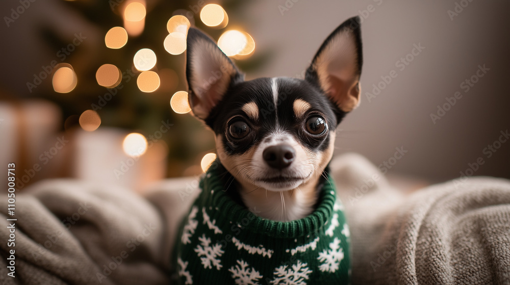 A small Chihuahua dog wearing a green Christmas sweater with snow pattern, sitting on a sofa with a soft blanket, Ai generated images A small Chihuahua dog wearing a green Christmas sweater with snow pattern, sitting on a sofa with a soft blanket, Ai generated images